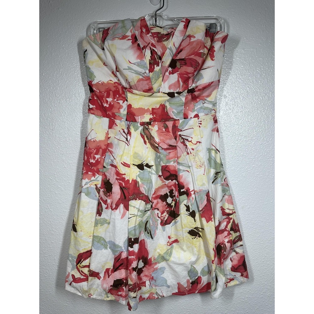 Maurices Dress Womens 7/8 White Red Floral Strapless A-Line‎ Pleated Zipper Back